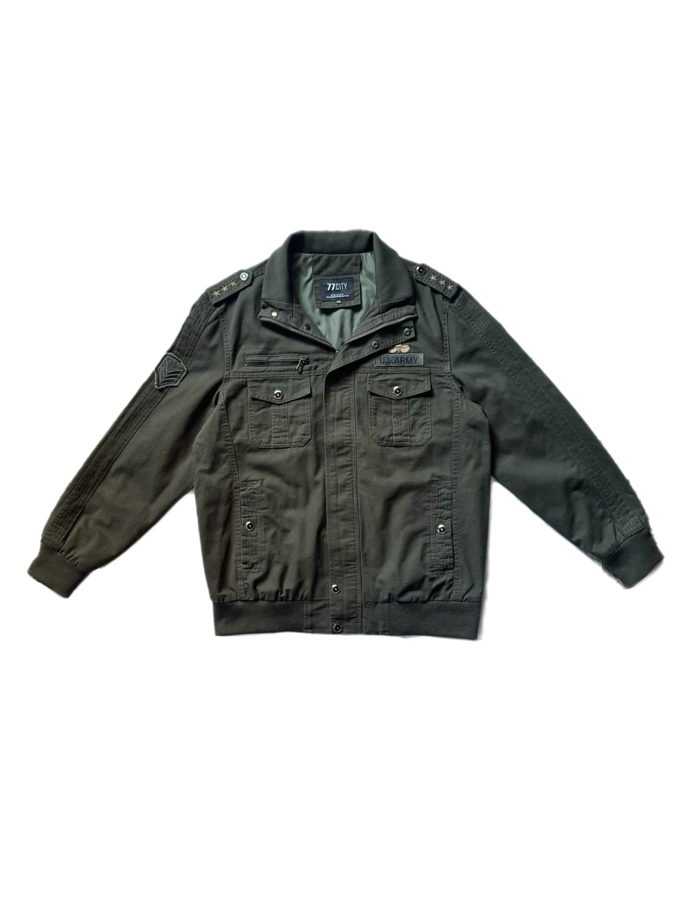 77 City Olive Green Embroidered Patch Tactical Bomber Jacket